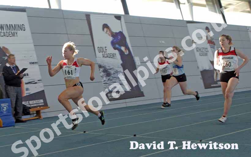 Rachel Highfield (Gateshead Harriers) winning the under-20 womens 60 metres with a championship record, North East Indoor Champs, Gateshead.